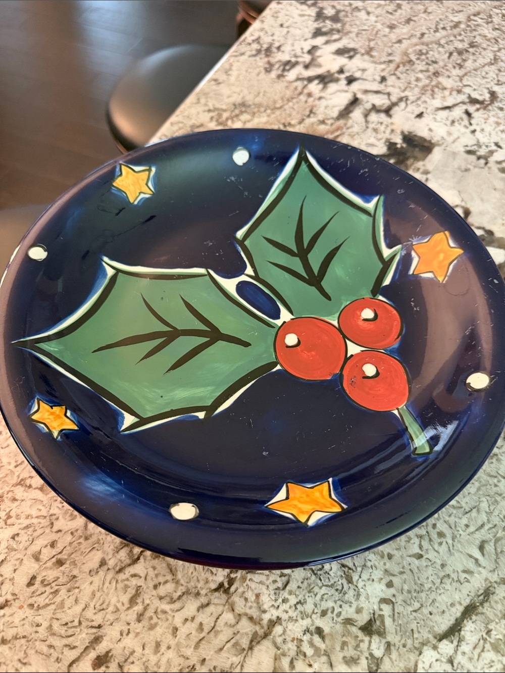 Festive Holly Ceramic Plate - Navy Blue with Green & Red